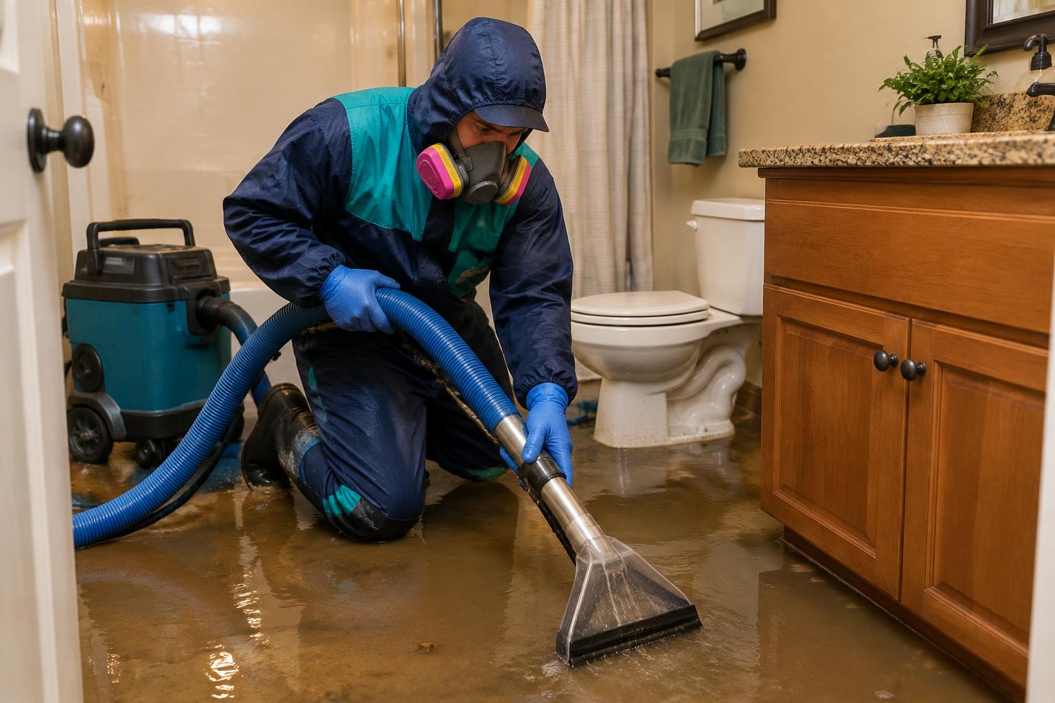 Restoration technician in protective gear extracting contaminated water from a bathroom floor after a sewage backup in an Abilene, TX home