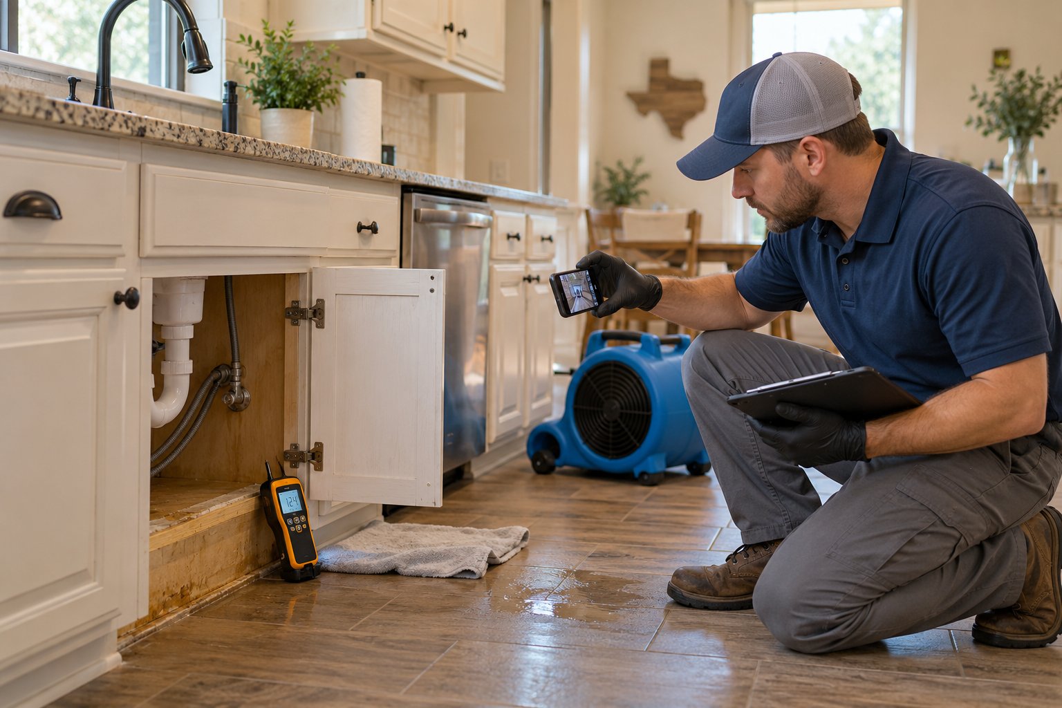 Restoration technician photographs a moisture reading while documenting kitchen water damage in an Abilene-area home.
